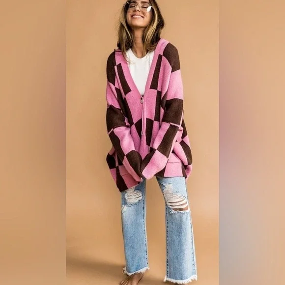 Dressed in Lala Oversized Checkboard Cardigan Sweater Brown Pink Women's Size S - Picture 1 of 9